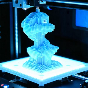 Tech Voxel Art: 3d printer with blue light glow