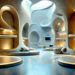 (futuristic:1.35) Innovation Hub With Large, Open,