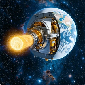 A Spacecraft With A Large, Round, And Open Structure On Its Side