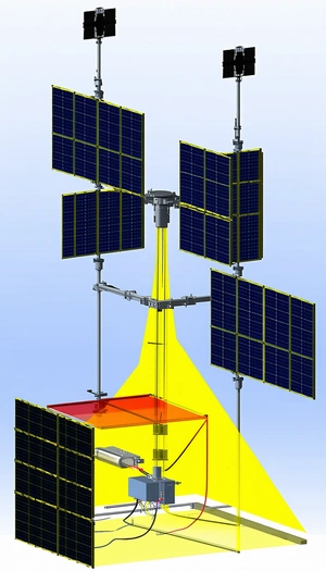 A Large, Multi-faceted Solar Panel With A Yellow Light Shining Through It