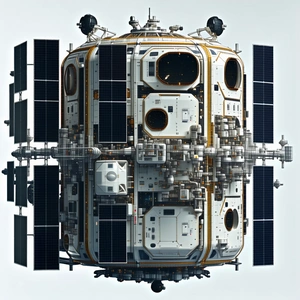 The Image Is A 3d Model Of A Spacecraft, Likely A Space Station, With A Large Number Of Windows