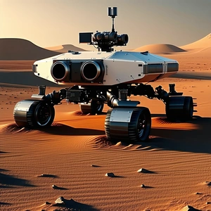 A White Robotic Vehicle, Possibly A Rover, Sitting On A Sandy Surface