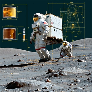 Astronauts Are Walking On The Moon, Carrying A Spacecraft On Their Backs