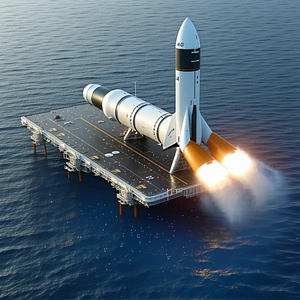 A Rocket Is Being Launched From A Floating Platform In The Ocean