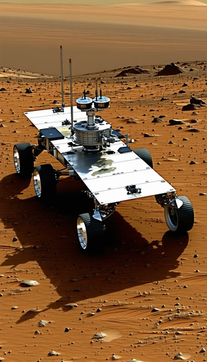 A Large, Silver, Four-wheeled Vehicle, Possibly A Rover, Driving Across A Dirt Field