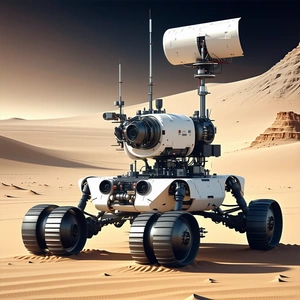 A White Robot Is Sitting On A Sandy Surface, With A Large Antenna On Its Back