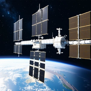 A Large Space Station With A White And Blue Color Scheme