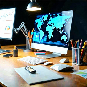 Business Digital Art: Workplace with productivity tools on desk