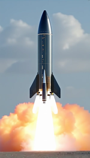A Rocket Launching Into The Sky, With A Large Cloud Of Smoke Trailing Behind It