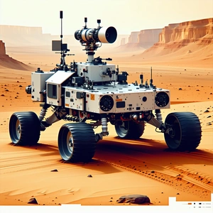 A Large Robotic Vehicle Is Sitting On A Dirt Road In A Desert-like Environment