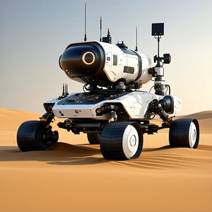 A White Robotic Vehicle With A Large Camera Mounted On Its Front