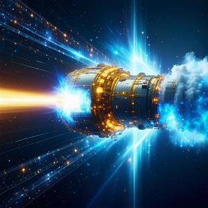 In The Image, There Is A Large, Futuristic-looking Spacecraft With A Blue And Yellow Color Scheme