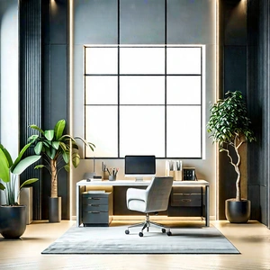 Lifestyle Cinema 4d: Home Office With (minimalist:1.48) Decor With Large, Well-lit