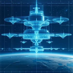 The Image Is A Futuristic, Blue-toned Drawing Of A Massive, Multi-level Space Station