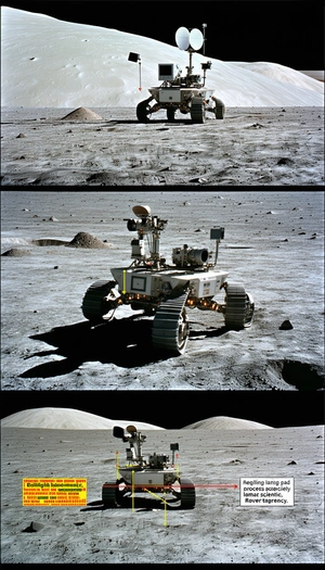 The Image Is A Collage Of Three Pictures Of A Rover On The Moon