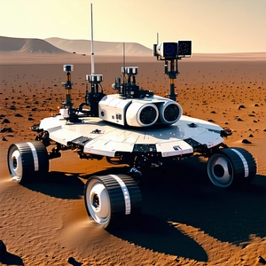 A Futuristic Vehicle, Possibly A Rover Or A Spacecraft, Parked On A Dirt Surface