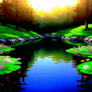 Nature Concept Art: Tranquil Pond Surrounded By Wildflowers With Serene Scene