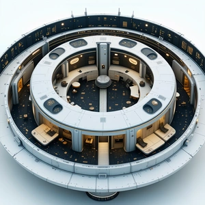 The Image Is A 3d Model Of A Large, Circular Building With A Central Atrium