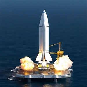 A Large Rocket Ship Is Being Launched From A Floating Platform In The Ocean