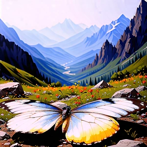 Nature Gouache Painting: Butterfly In (mountain:1.16) Terrain With Beautiful Butterfly