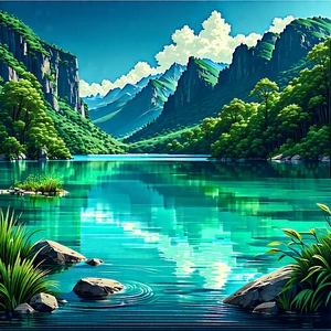 Nature Linocut Print: Crystal Clear Lake Surrounded By Lush Vegetation With Image, There