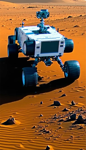 A White Robotic Vehicle Is Driving On A Dirt Road
