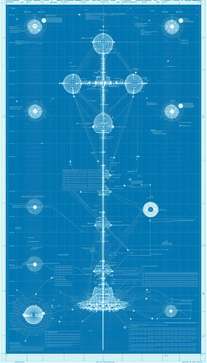 The Image Is A Blue Diagram With A Central Axis, Surrounded By Various Circles And Lines