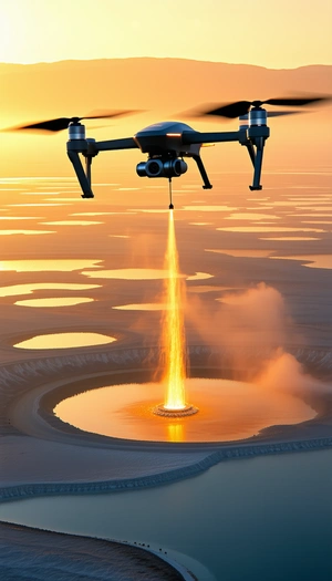 A Large Drone Is Flying Over A Lake, With A Fire Coming Out Of The Ground