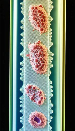 A Green And Yellow Tube With Two Red And Pink Blobs Inside