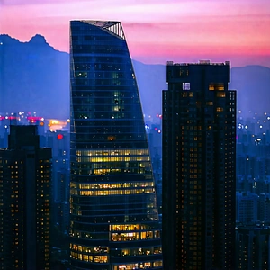 Urban Macro Photography: Cityscape Of (modern:1.2) Metropolis During Sunrise With Large, Modern