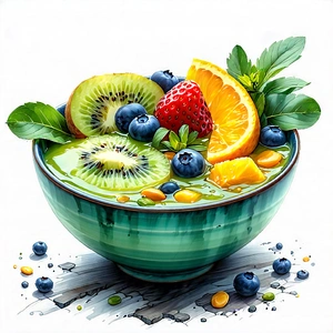 Lifestyle Charcoal Drawing: Smoothie Bowl Prepared With Fresh Ingredients With Large Bowl