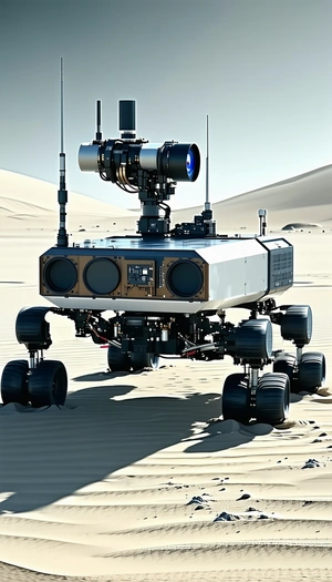 A Large Robotic Vehicle With Four Wheels, Standing On A Sandy Surface