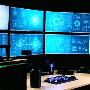 Business Diagram Style: Creative Professional Using Multiple Monitors With Large Computer
