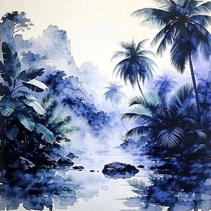 Nature Watercolor Painting: Tropical Plants In Misty Environment With Painting Tropical