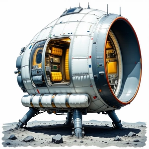 A Large, White, And Silver Spacecraft With A Round Shape