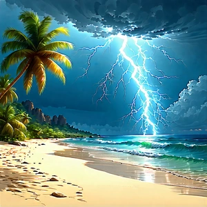 Nature Pencil Sketch: Lightning Over Tropical Beach With Beautiful Beach