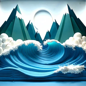 Nature Isometric Design: (ocean:1.43) waves surrounded by mountain peaks
