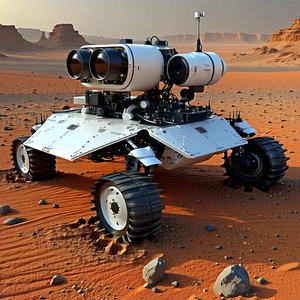 A White Robotic Vehicle With A Large Camera On Top Of It, Driving Across A Rocky Terrain