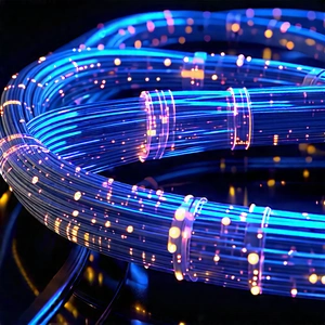 Close-up Of Fiber Optic Cables With Blue Light