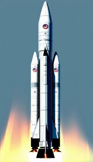 A Large White Rocket Ship With A Red, White, And Blue Flag On The Side