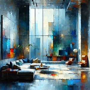 Urban Acrylic Painting: Urban Loft With (minimalist:1.5) (design:1.23) With Painting Large,