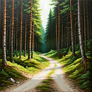 Nature Gouache Painting: Path Through Pine Forest With Forest Scene