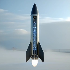 A Rocket Is Shown In A Close-up Shot, With Its Engine Lit Up