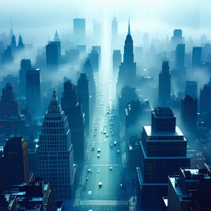 Urban Blueprint Style: Cityscape Of Downtown District During Foggy Morning With Black White