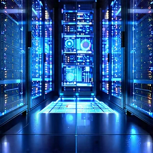 Server Rack With Holographic Projection With Blue White