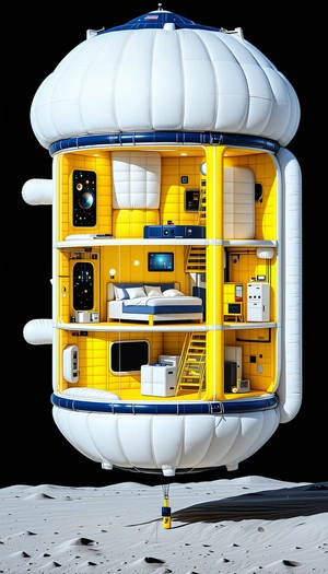 In This Image, There Is A Large, Yellow, And White Spacecraft That Appears To Be A Living Space