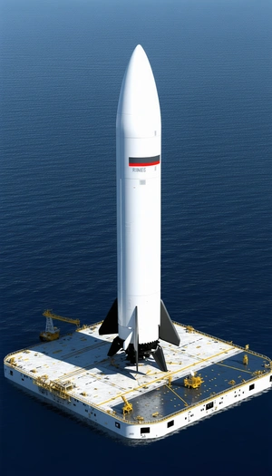 A Large White Rocket Ship Floating On Top Of A Platform In The Ocean