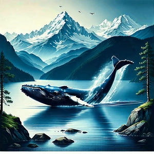 Nature Etching: Whale In Mountain Terrain With Large Blue
