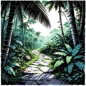 Nature Ink Drawing: Path through tropical jungle