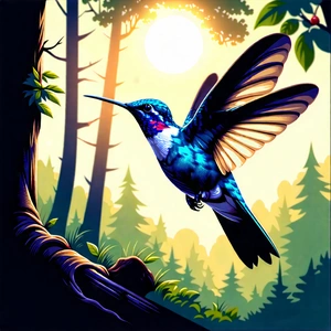 Nature Woodcut Print: Hummingbird In Forest Environment With Colorful Bird